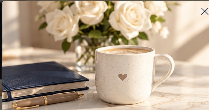 White roses, a sapphire blue journal, a taupe pen, and a coffee mug